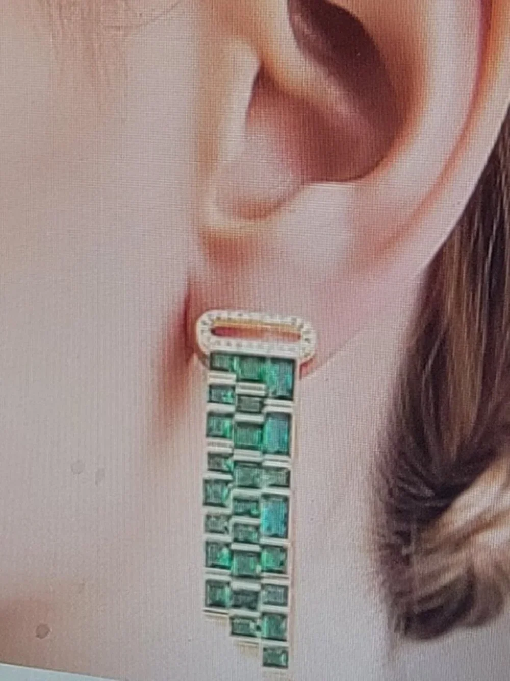 Green Glass and Simulated Diamond Earrings in Gold Tone